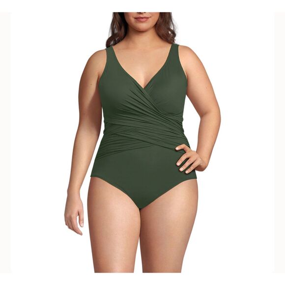 Lands End Green Cross Over One Piece Swimsuit Womens Sz 18 Wrap Flattering - Picture 1 of 13